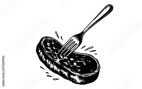 a steak pierced by a fork with splashing juice, symbolizing grilled food, flavor, and freshly cooked meat.
