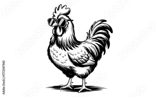 a rooster with sunglasses, symbolizing confidence, attitude, humor, and modern artistic design.