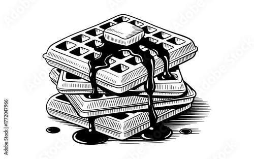 stacked waffles topped with butter and dripping syrup, symbolizing breakfast, sweetness, and comfort food.