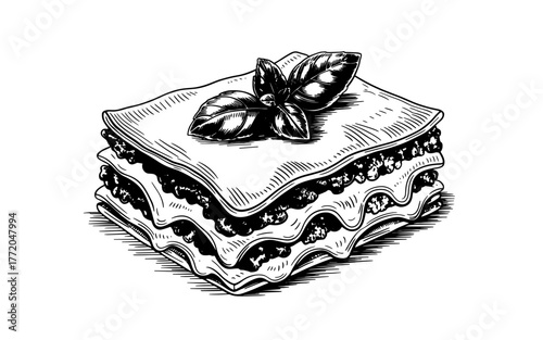 a lasagna slice topped with a basil sprig, symbolizing Italian cuisine, comfort food, and homemade cooking.