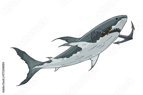 Great white shark holding anchor in jaws