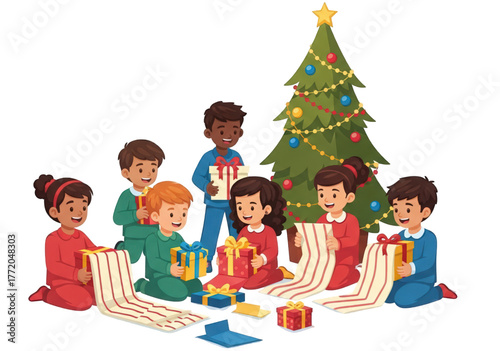 Group of diverse children in pajamas opening Christmas gifts together.