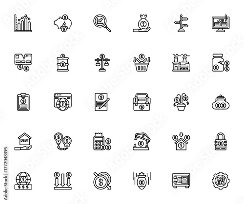 Recession icon set. Vector illustration. Includes sybols for graph, money bag,piggy bank, debt, calculatr, bank, lock, alert, econmic decline and more.