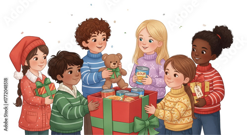 Diverse Group of Children Donating Gifts and Food for Charity.