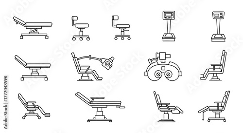medical equipment outline icons doctors office equipment for healthcare facilities clinics hospitals illustrating medical technology and patient care