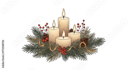 Illustrated Christmas Advent wreath with four lit candles and festive decorations.