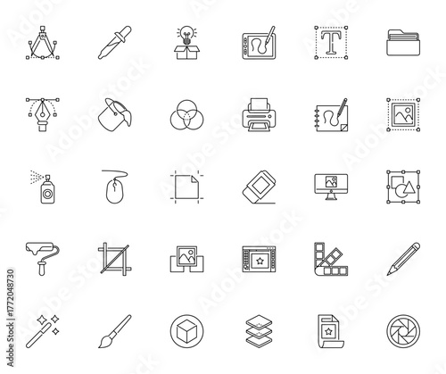 Graphic Design icon set. Vector design tools collecton. Includes symbols for setch, pen tool, color palete, layers, software, monior and more. Editable stroe.