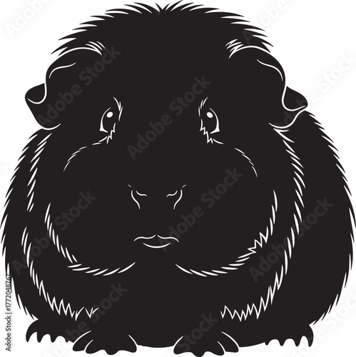 Adorable silhouette of a fluffy guinea pig with detailed fur texture and expressive eyes front facing portrait