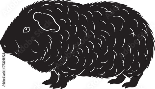 Adorable fluffy black guinea pig with detailed fur texture and bright eyes depicted in a charming simple graphic style