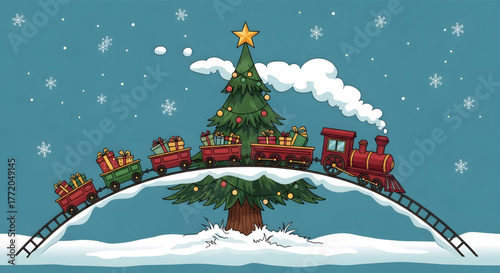 Festive red Christmas train carrying presents over a decorated tree.