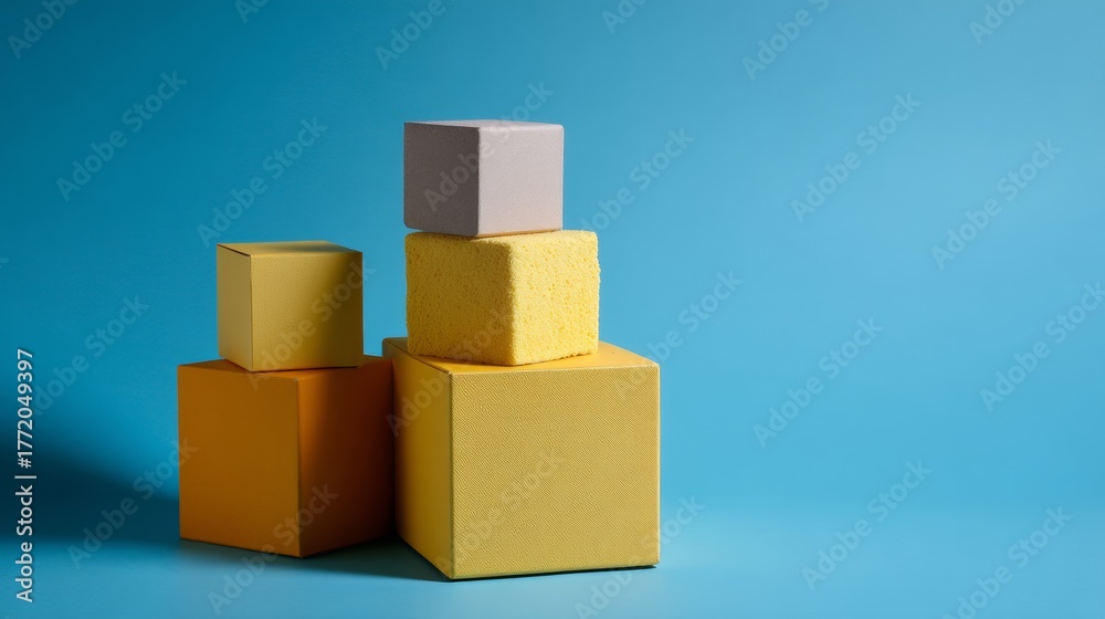 Fototapeta premium Yellow and grey cubes stacked geometrically on blue background in modern abstract arrangement