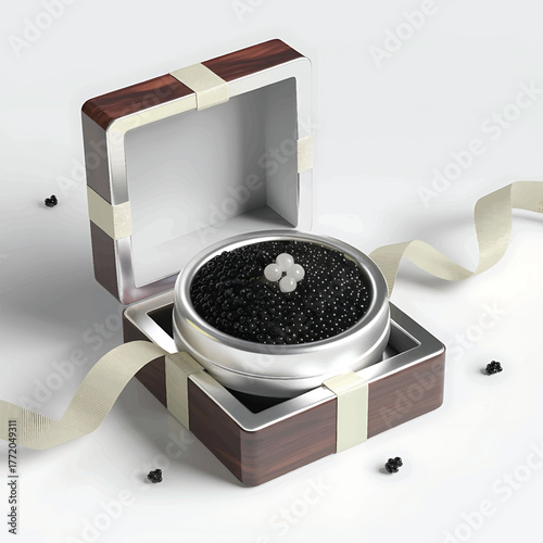 caviar tin open in presentation box with ribbon on white chroma key