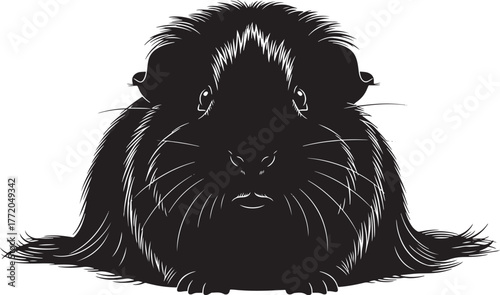 Adorable fluffy guinea pig portrait with detailed fur texture in a striking black and white graphic style for pet lovers