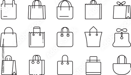 Diverse hand-drawn shopping bag icons showcase various styles and designs for retail and fashion concepts