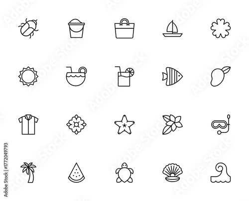 Tropical_2195 icon set. Summer vector icons pack. Inludes symbols for ladybug,sand bucket, cocktail, pal tree, surf, watermelon an more. Editable stroke.