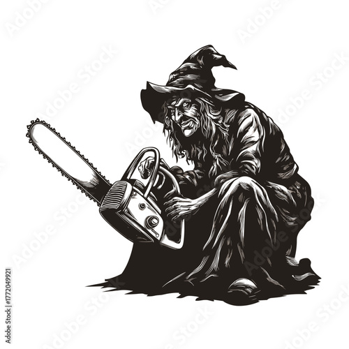 Old ugly witch with a chainsaw vector clipart, logo, icon