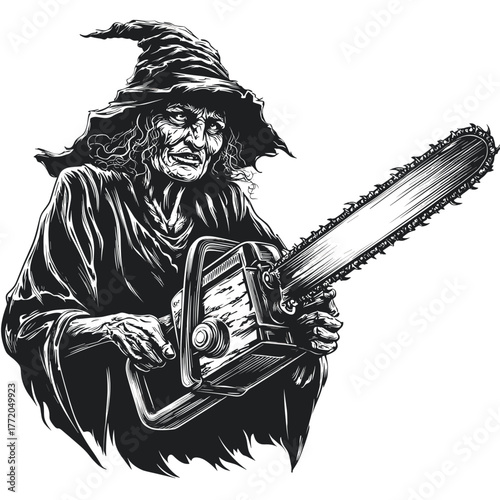 Old ugly witch with a chainsaw vector clipart, logo, icon