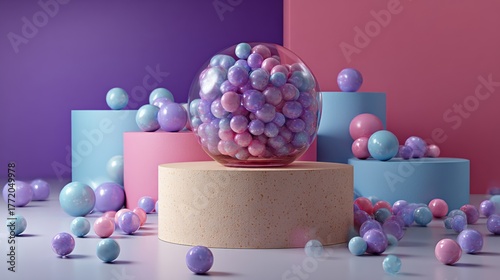 Purple candy sculpture with decorative spheres on pastel background