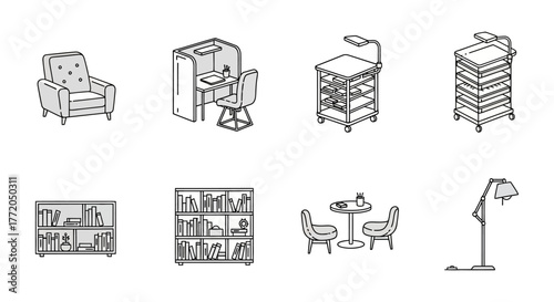office furniture icons set armchair desk bookcase and seating area representing workspace design and home office solutions for interior decoration needs.