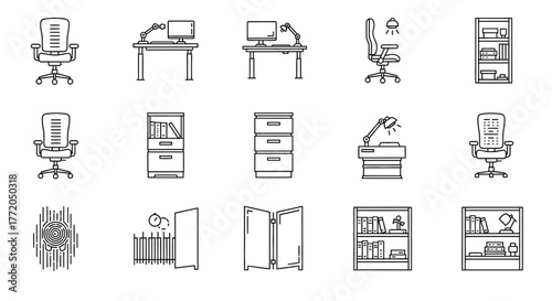 Office furniture icons for workspace design illustrating interior decor planning home office open space and workplace layouts with furniture.