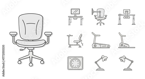 office equipment icons adjustable standing desk ergonomic chair treadmill promoting a healthy and active workspace design ideal for wellness resources.