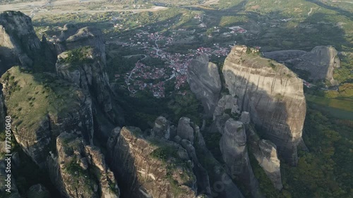 Aerial View of Meteora Rock Formations with Kalambaka and Kastraki