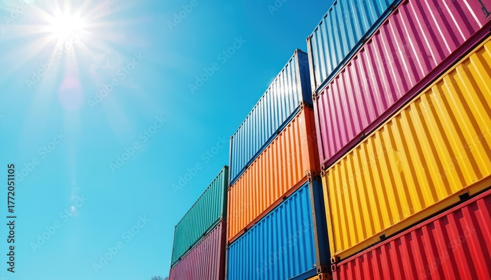 Fototapeta premium Rows of colorful shipping containers are stacked high against a clear blue sky. The sun shines brightly, casting rays across the scene. This image symbolizes global trade and industry.