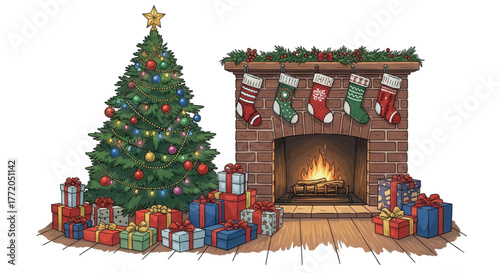 Festive holiday illustration of a Christmas tree with gifts by a warm fireplace.