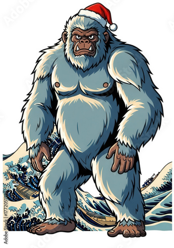 Fierce cartoon Yeti wearing a festive red Santa hat.