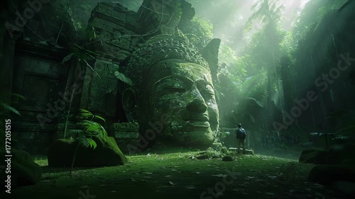 A vivid portrayal of an ancient temples face, set amidst a lush, verdant jungle. The temples stone carvings are intricately detailed, with a prominent nose and a serene expression.