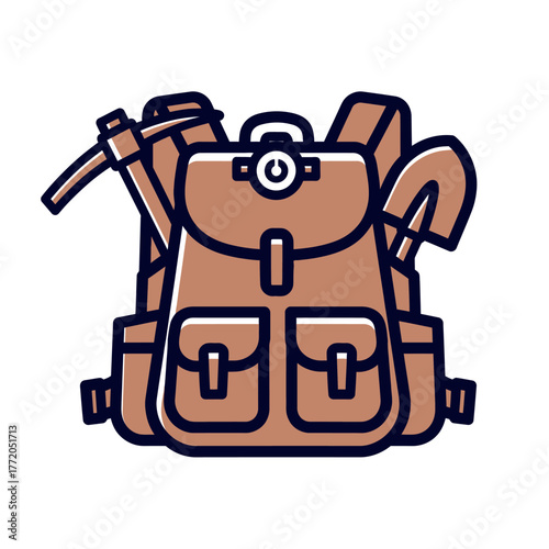 Hiking Backpack Vector Illustration with Axe and Shovel in Cartoon Style