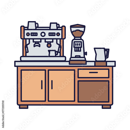 Coffee Shop Equipment Vector Illustration Featuring Espresso Machine Grinder and Milk Pitcher in Modern Style