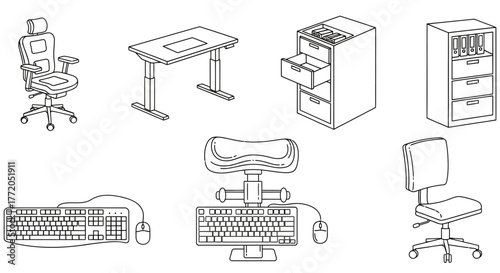 office furniture illustrating workplace organization with a desk chair keyboard filing cabinet and mouse perfect for interior design concepts and ergonomics