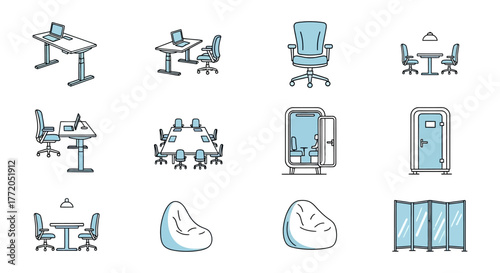 office furniture illustrations of ergonomic workstations modern meeting rooms and isolated booths enhancing flexible collaboration ideal for workspace design