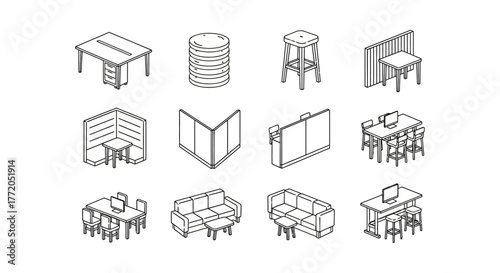 office furniture isometric furniture arrangement for corporate space planning illustrating modern interior design  workspace ergonomics perfect for architecture blogs