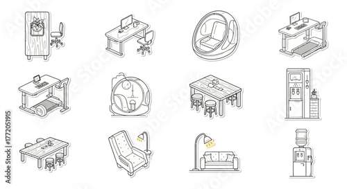 office furniture including desks chairs and water coolers providing workplace essentials and representing interior design elements for offices.