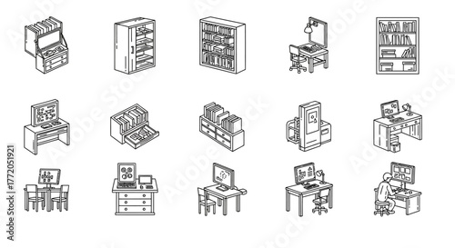 office furniture isometric icons desks bookshelves filling cabinets for workstation design illustrating workplace furniture and home office trends