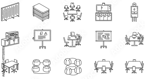 Office furniture layout for commercial interiors conceptualizing coworking spaces team collaboration and ergonomic workplace design for creative businesses.