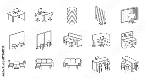 Office furniture layout concepts diverse workstations and collaboration zones for open plan offices and modern workspaces design blueprints.