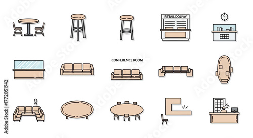 office furniture layout furniture icons showing meeting spaces lounge areas desks and conference rooms for interior design planning visualization and presentations