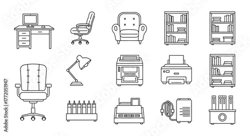 office furniture line art desk chair bookshelf illustrating interior design concepts for workspace planning and minimalist home office layouts.