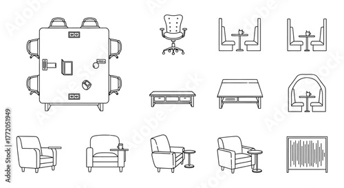 office furniture line drawing office design for interior plans and decor elements perfect for architecture blogs space planning and office layout design.