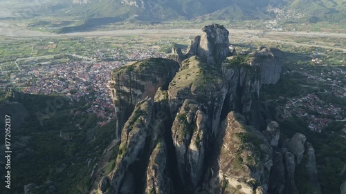 Aerial View of Meteora Rock Formations with Kalambaka and Kastraki