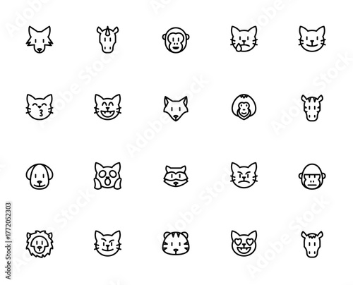 Emoji Animal Faces icon set. Cute animal vector emoj pack. Includes wolf, unicrn, monkey, fox, lion, tigr, zebra, dog, raccoon, goilla, ape, horse and cat.