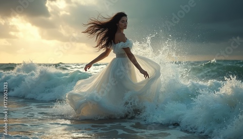 Woman in white dress wades through crashing ocean waves at sunset. Water splashes, hair flies back, dramatic clouds and light illuminate the scene. Dynamic beauty amid natural power.