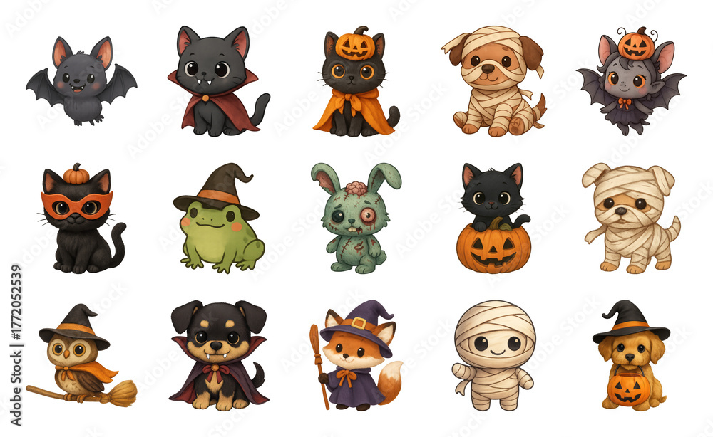 Fototapeta premium PNG Cute Halloween animal characters, element set on transparent background