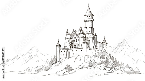 Majestic Castle Drawing with Towering Fortress - Detailed Vector Illustration