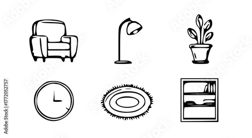 Home & Interior Icon Pack-armchair, lamp, potted plant, clock, rug, and bookshelf. Use neutral colors and consistent proportions