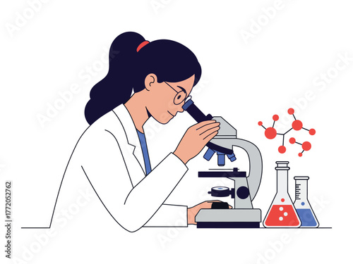 Female Scientist Researching with Microscope and Flasks