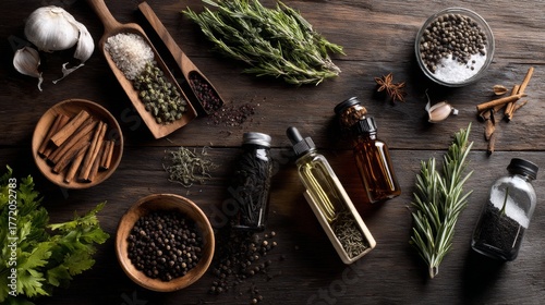 Dark herbal flat lay with glass bottles and spices for apothecary branding, natural product photography or holistic ingredient visuals